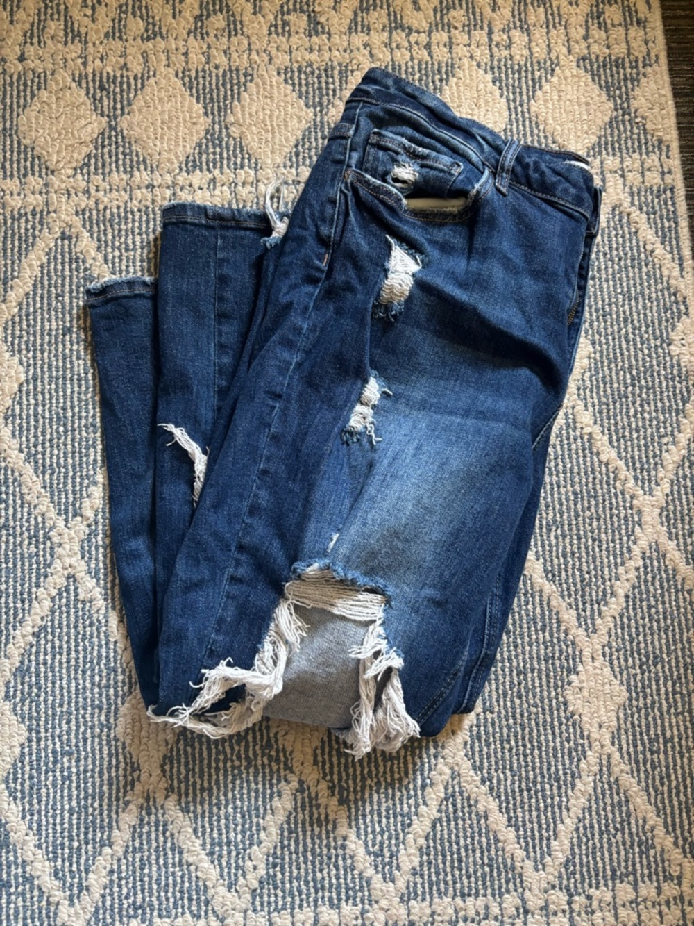 Women's Dark Blue Straight Leg Distressed Jeans